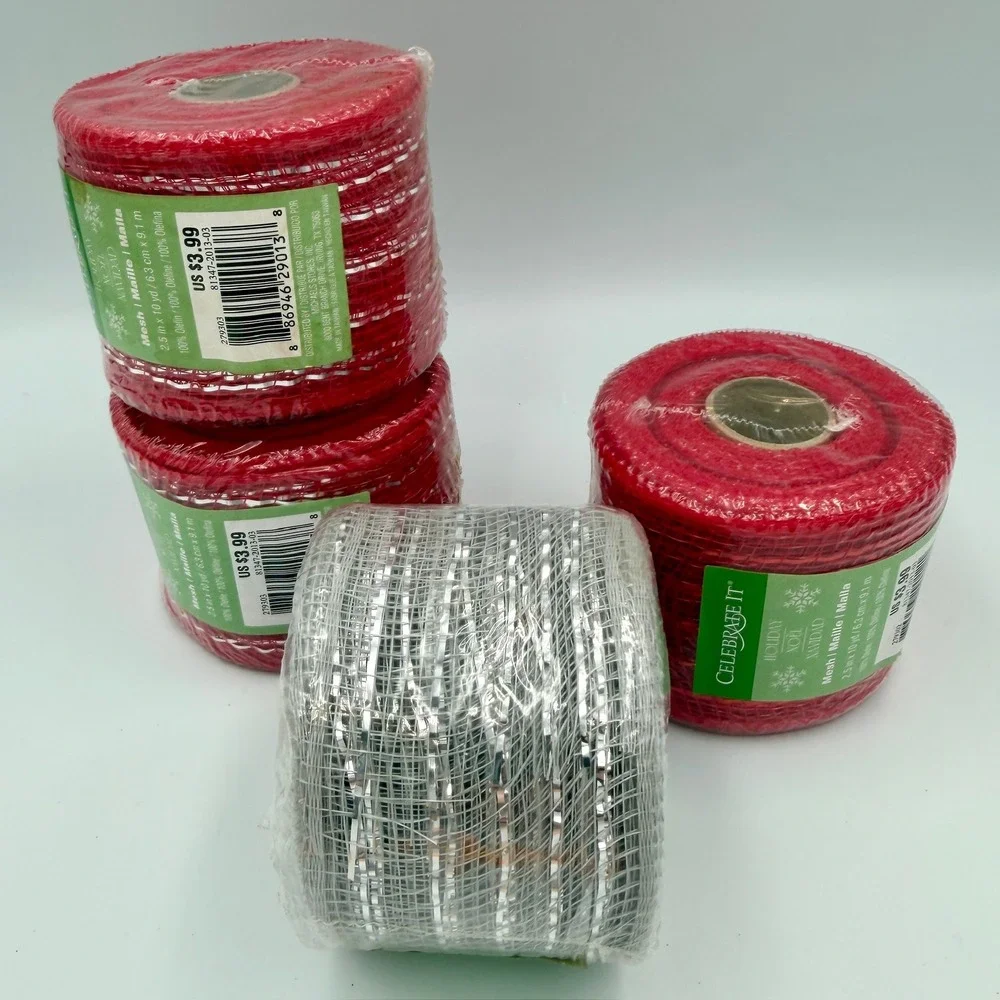 Celebrate It Holiday Mesh Ribbon Red Silver Metallic 2.5in x 10yd 4 Rolls Total